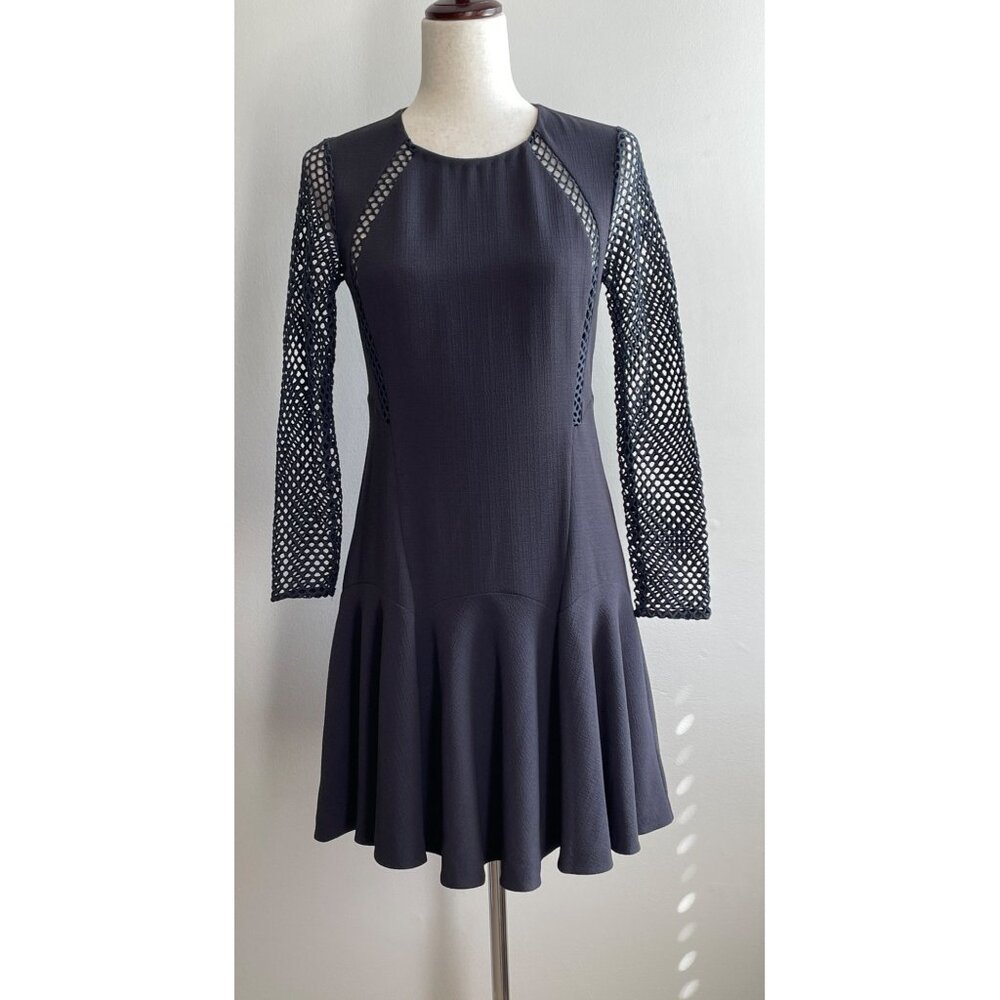 Rebecca Taylor Fit and Flare Dress Womens 2 Gray with Mesh Detail Fishnet.